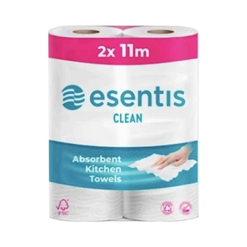 Háztartási papírtörlő kéztörlő 2 rétegű 100% cellulóz 2 tekercs/csomag Esentis clean fehér