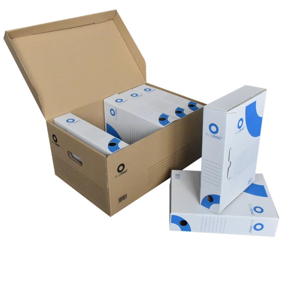 Archiváló konténer karton doboz fedeles 54x36x25cm, felfelé nyíló tetővel Bluering® barna