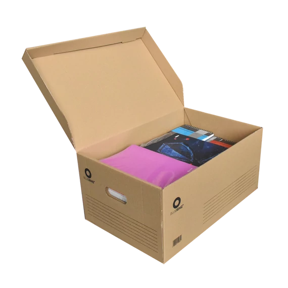 Archiváló konténer karton doboz fedeles 54x36x25cm, felfelé nyíló tetővel Bluering® barna