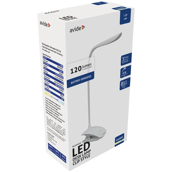 Asztali lámpa LED, AVIDE Csiptethető, 1,5W, 6400K, fehér