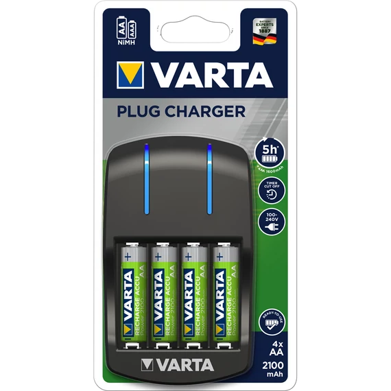 Elemtöltő, akku Plug töltő + 4 db AA 2100 mAH Varta