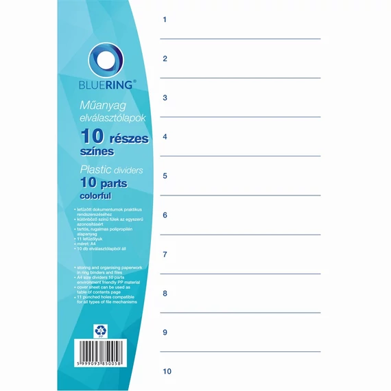 Elválasztólap, színes műanyag 10 részes Bluering®
