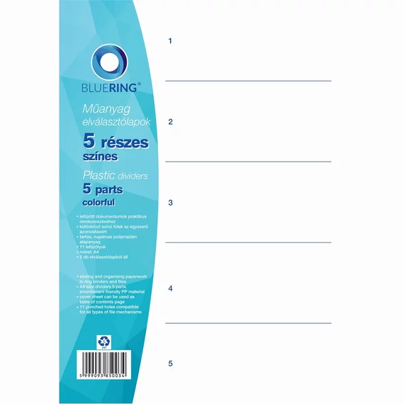 Elválasztólap, színes műanyag 5 részes Bluering®