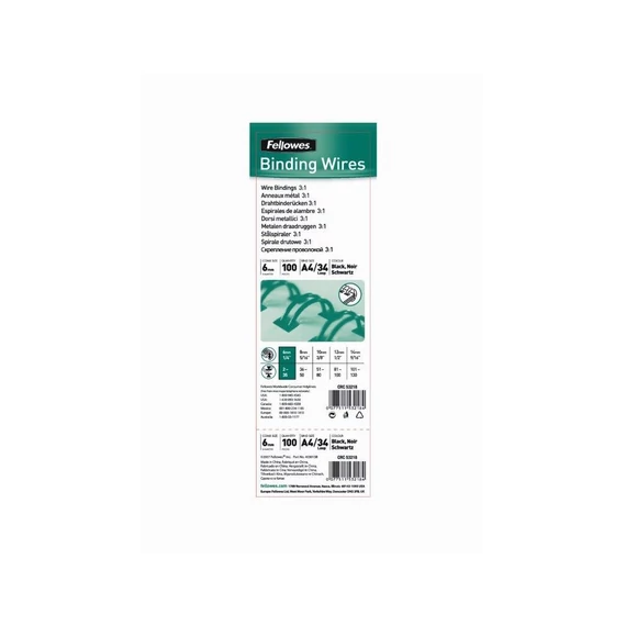 Fém spirál 3:1, 6mm, 21-35lap, Fellowes® 100 db/doboz, fekete