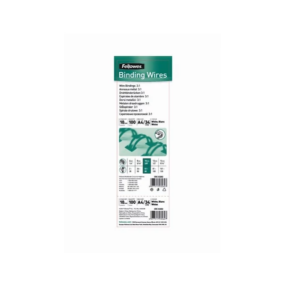 Fém spirál 3:1, 8mm, 36-50lap, Fellowes® 100 db/doboz, fehér