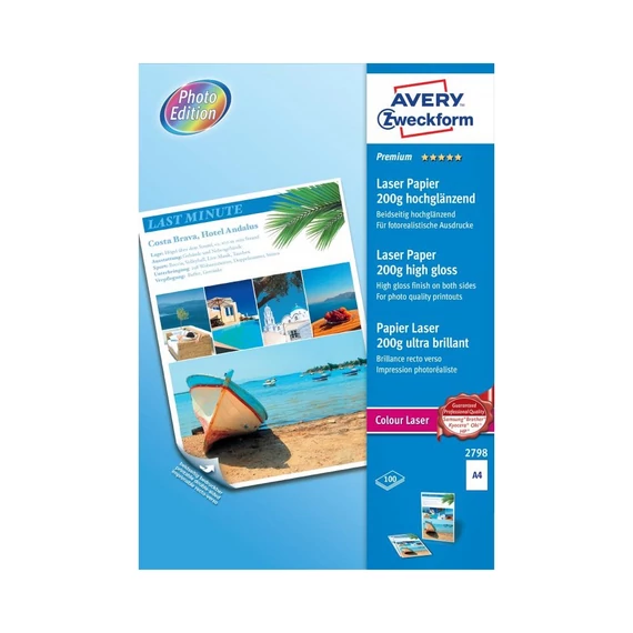 Fotópapír 210x297mm 200g 100 ív/doboz fényes, Avery fehér
