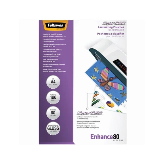Lamináló fólia, A4, 80 mikron, fényes, 100 db/doboz, SuperQuick Fellowes®