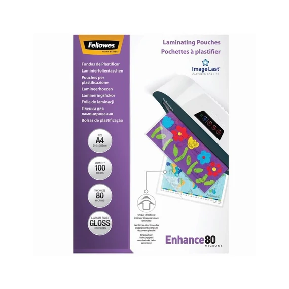 Lamináló fólia, A4, 80 mikron, fényes, 100 db/doboz, Fellowes®