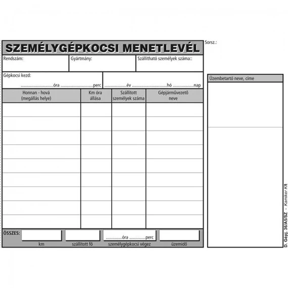 Személygépkocsi menetlevél A5, 100lap,os D.GEPJ.36/5 Bluering®