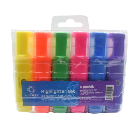 Szövegkiemelő lapos testű készlet, Bluering® 6 klf. szín